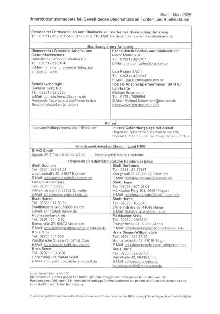 Unterstützungsangebote bei Gewalt gegen Beschäftigte an Förder- und Klinikschulen